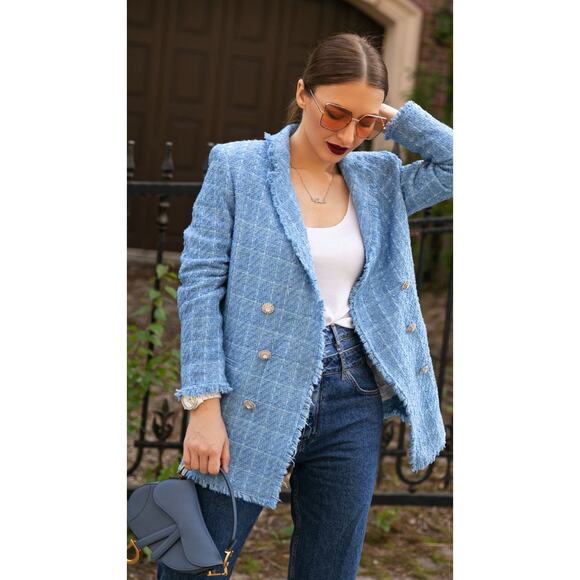 Zara Tweed Blazer Blue Size S NWT - Picture 1 of 8